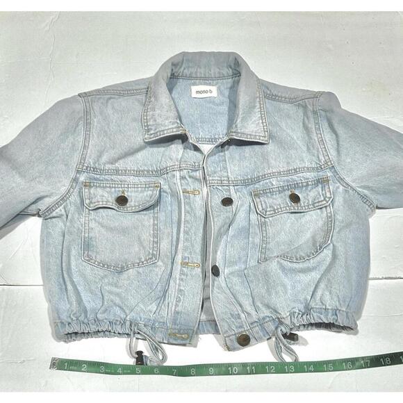 Mono B Women's Light-wash Denim Cropped Jean Jacket Pockets Drawstring Hem Small - Picture 14 of 14